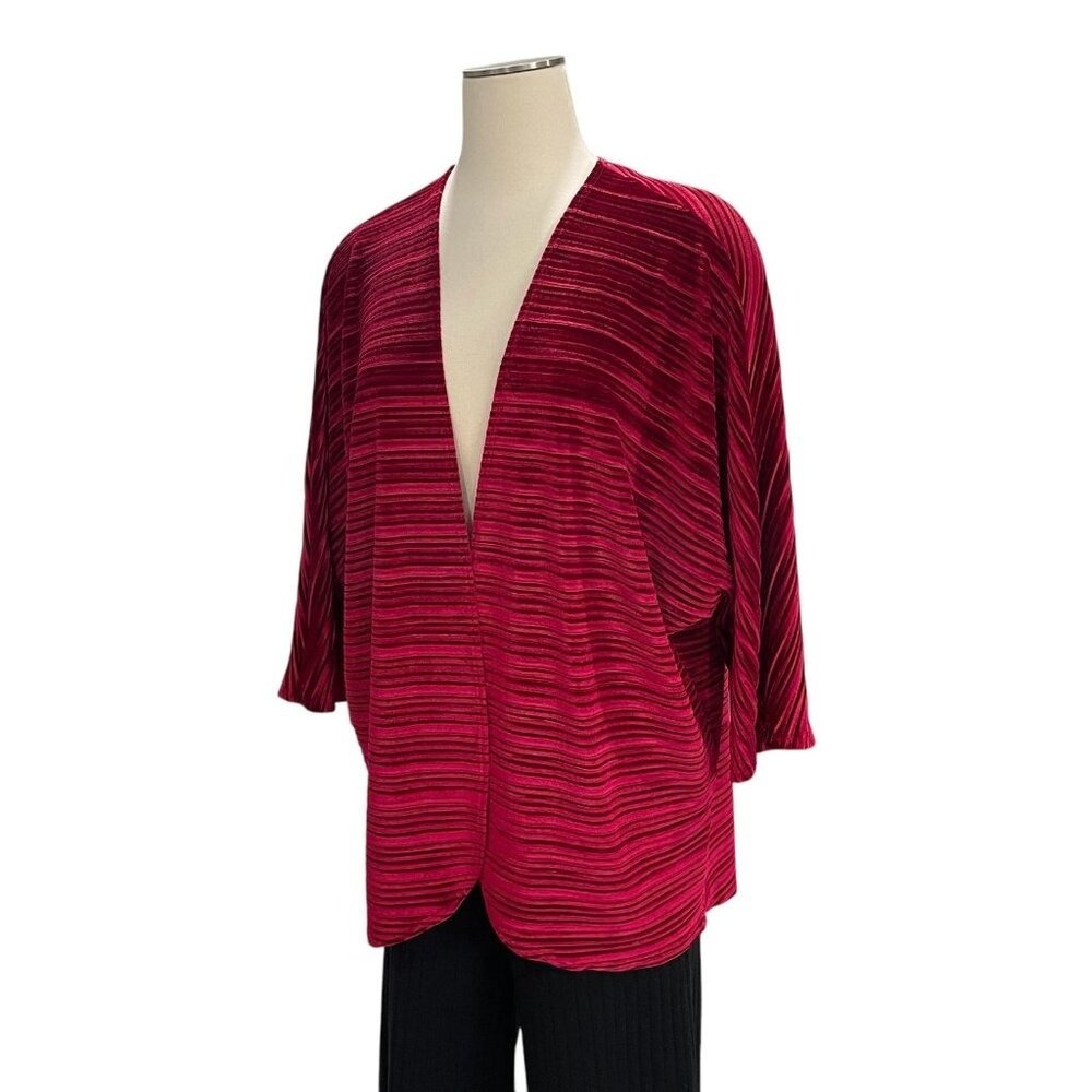 Red Velvet Striped Oversized Open Front Cardigan Kimono M Lightweight Boho Chic - Picture 8 of 8